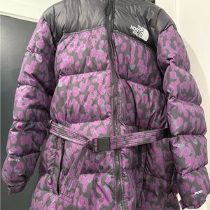 The North Face Purple and Black Puffer Jacket with Belt